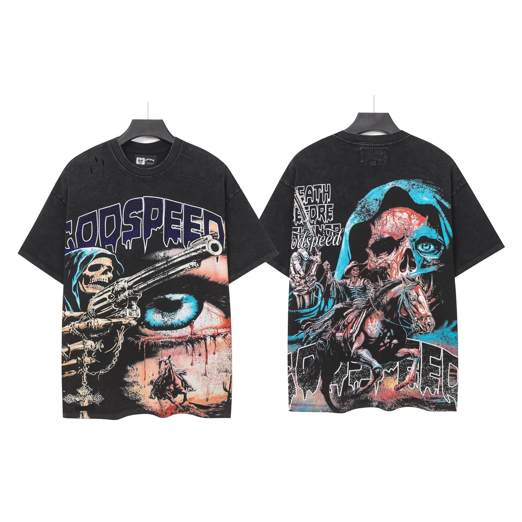 Godspeed Distressed Rhinestone Graphic T-Shirt — context