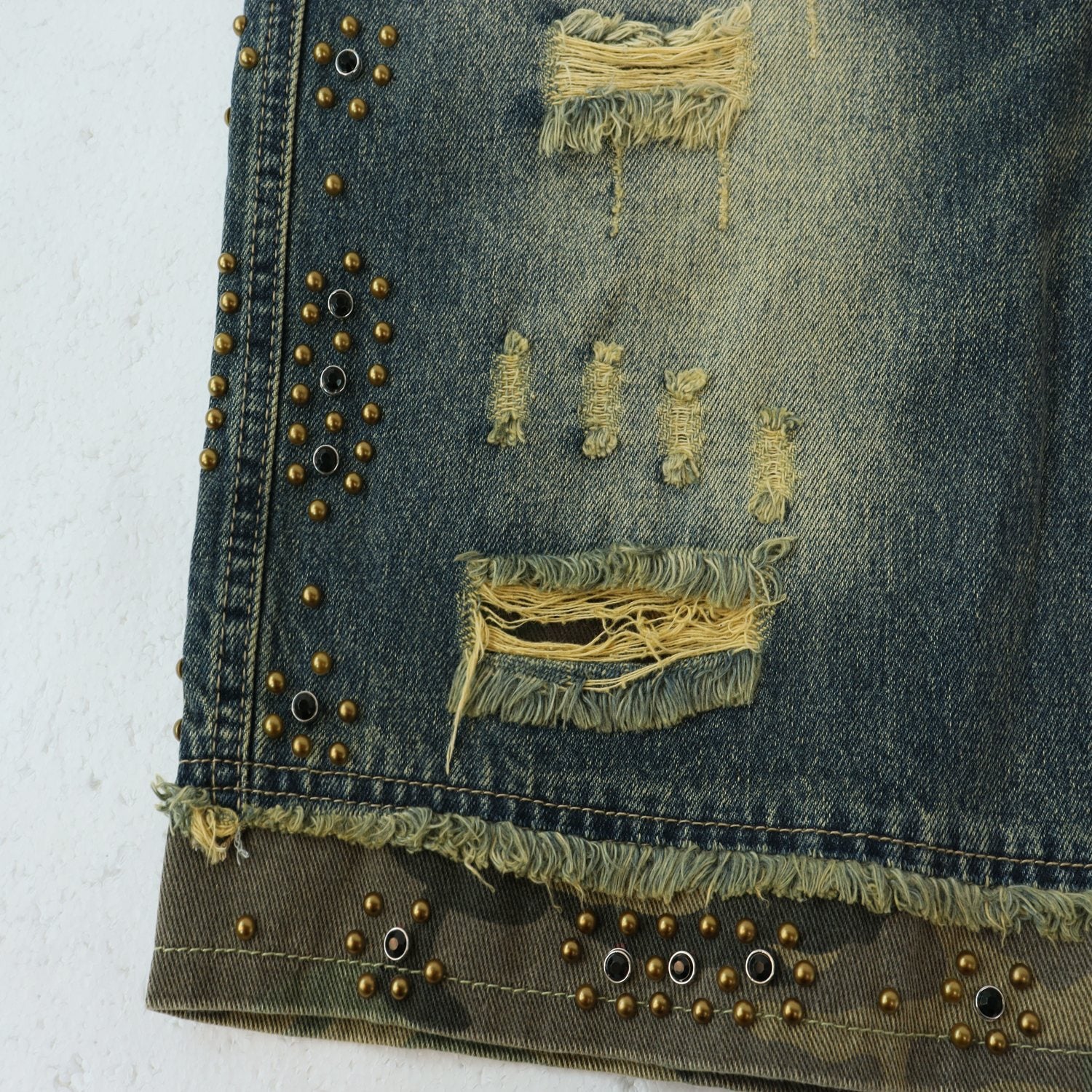 VALLEY Studded Distressed Washed Denim Shorts — detail