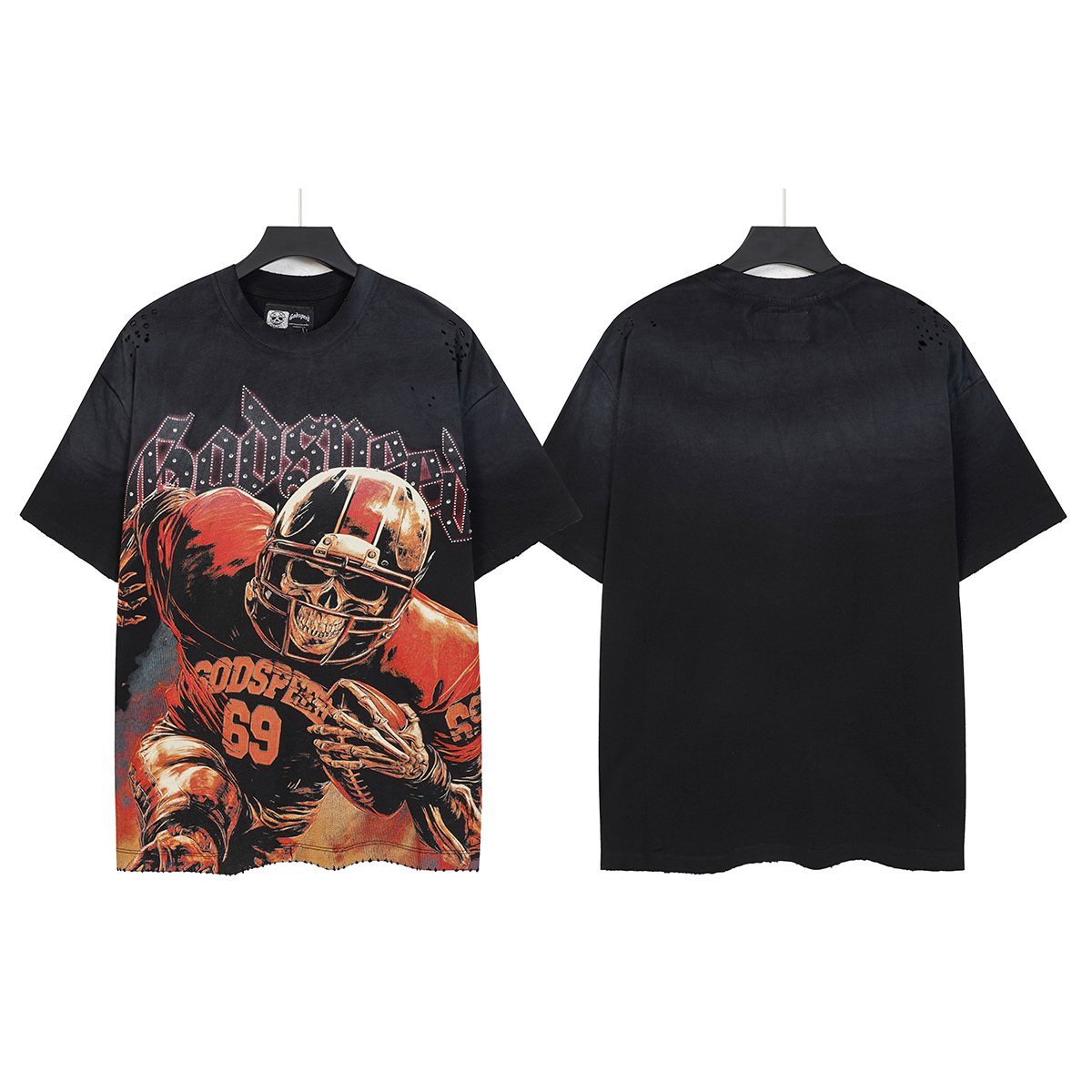 Godspeed 69 Football Skull Graphic T-Shirt — front