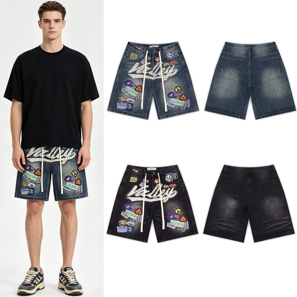 VALE SPORTS DIVISION Patch Embroidered Studded Denim Shorts — context