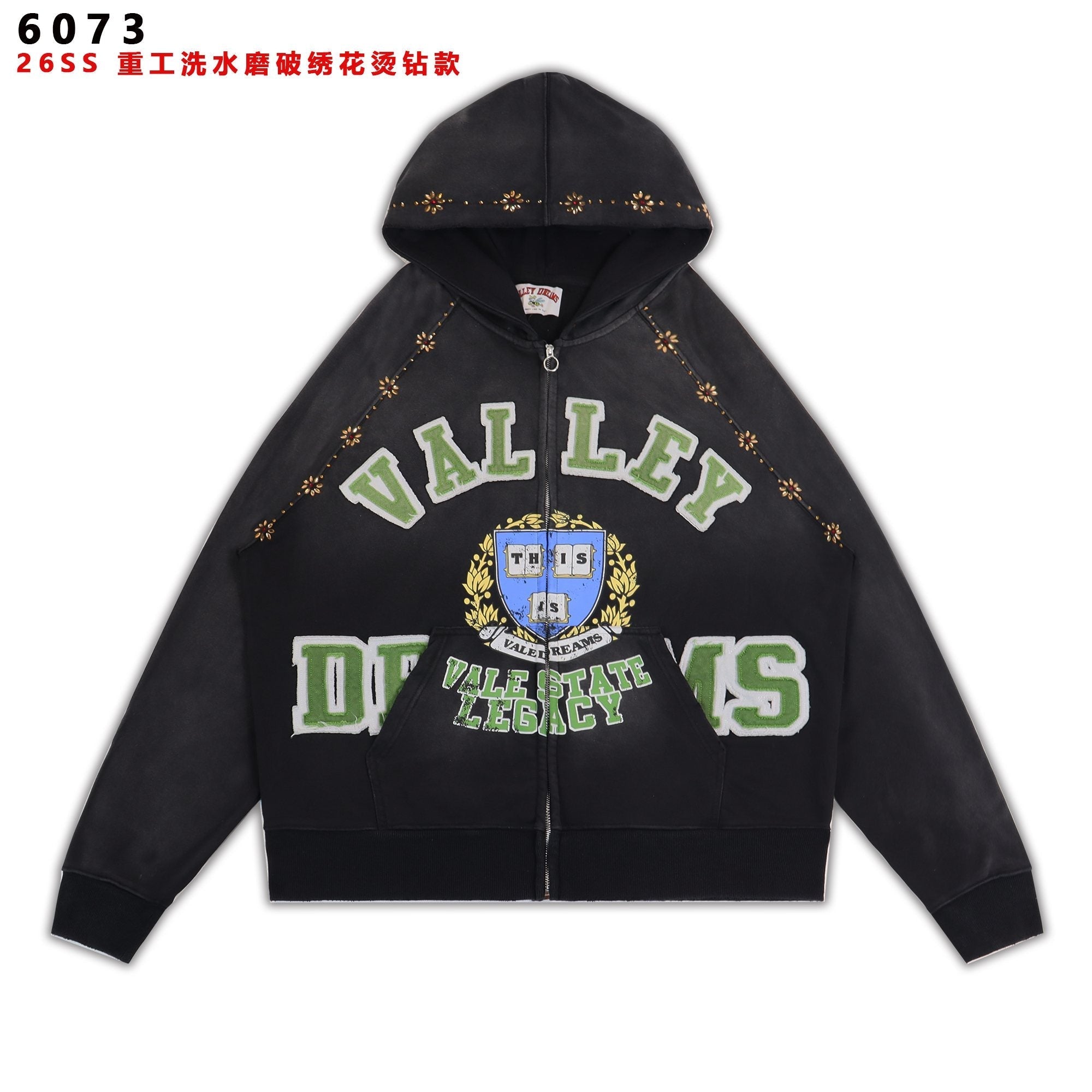 Valley Dreams Varsity Crest Washed Black Zip Hoodie — hero